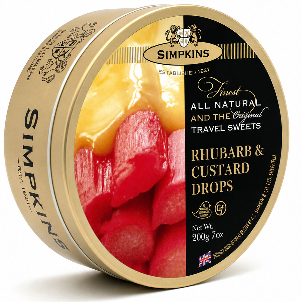 Simpkins Rhubarb and Custard Drops 175g Tin Sweets Candy Lollies
