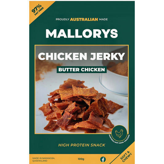 Mallorys Jerky Butter Chicken 100g Creamy Mild Spice Snack (for Human Consumption)