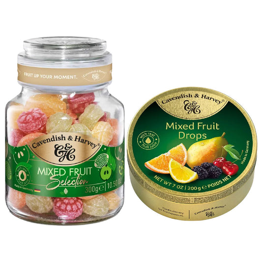 Cavendish & Harvey Fruit Candy Jar 300g and Fruit Drops 200g Tin Sweets Combo Pack