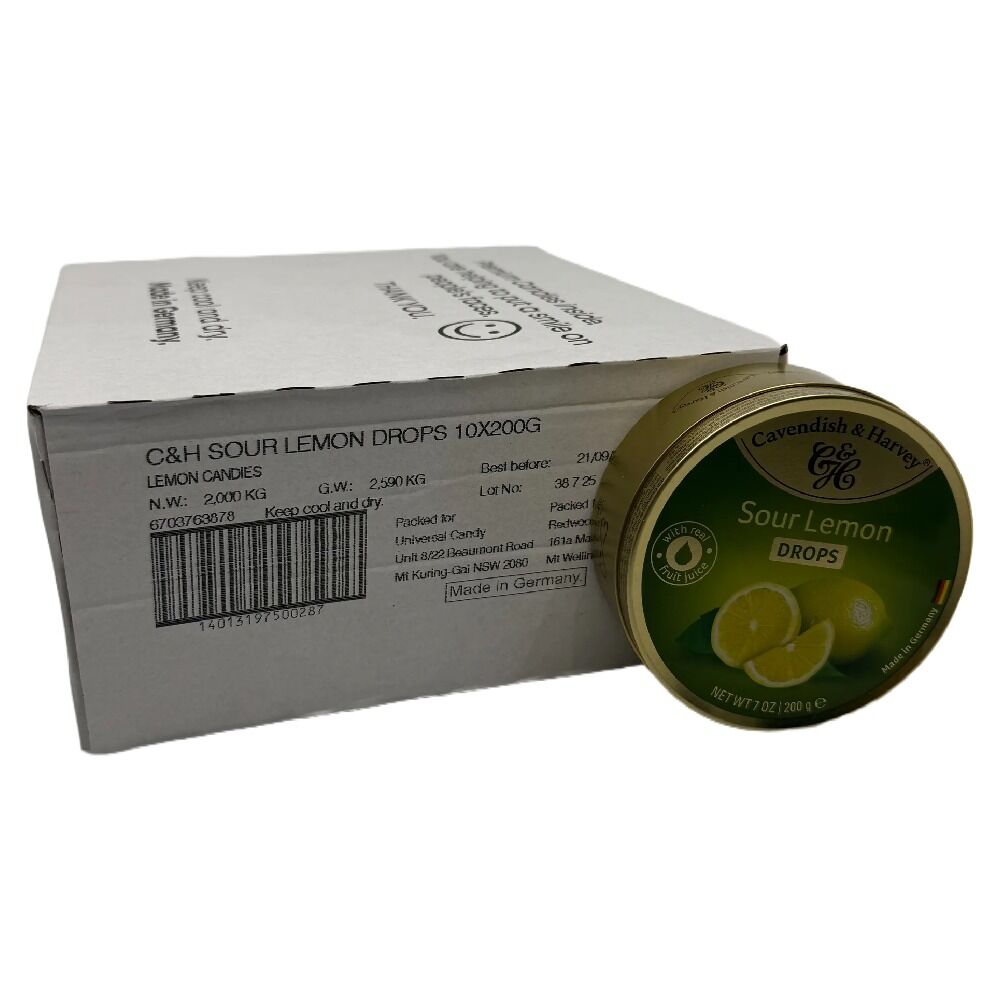 Cavendish & Harvey Sour Lemon Drops 200g Tin Sweets Fruit Candy Lollies x 10