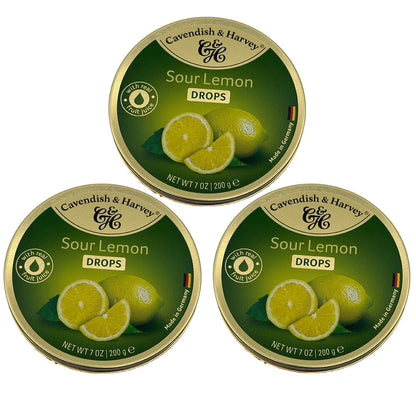Cavendish & Harvey 3 x Sour Lemon Drops 200g Tin Sweets Candy Fruit Lollies
