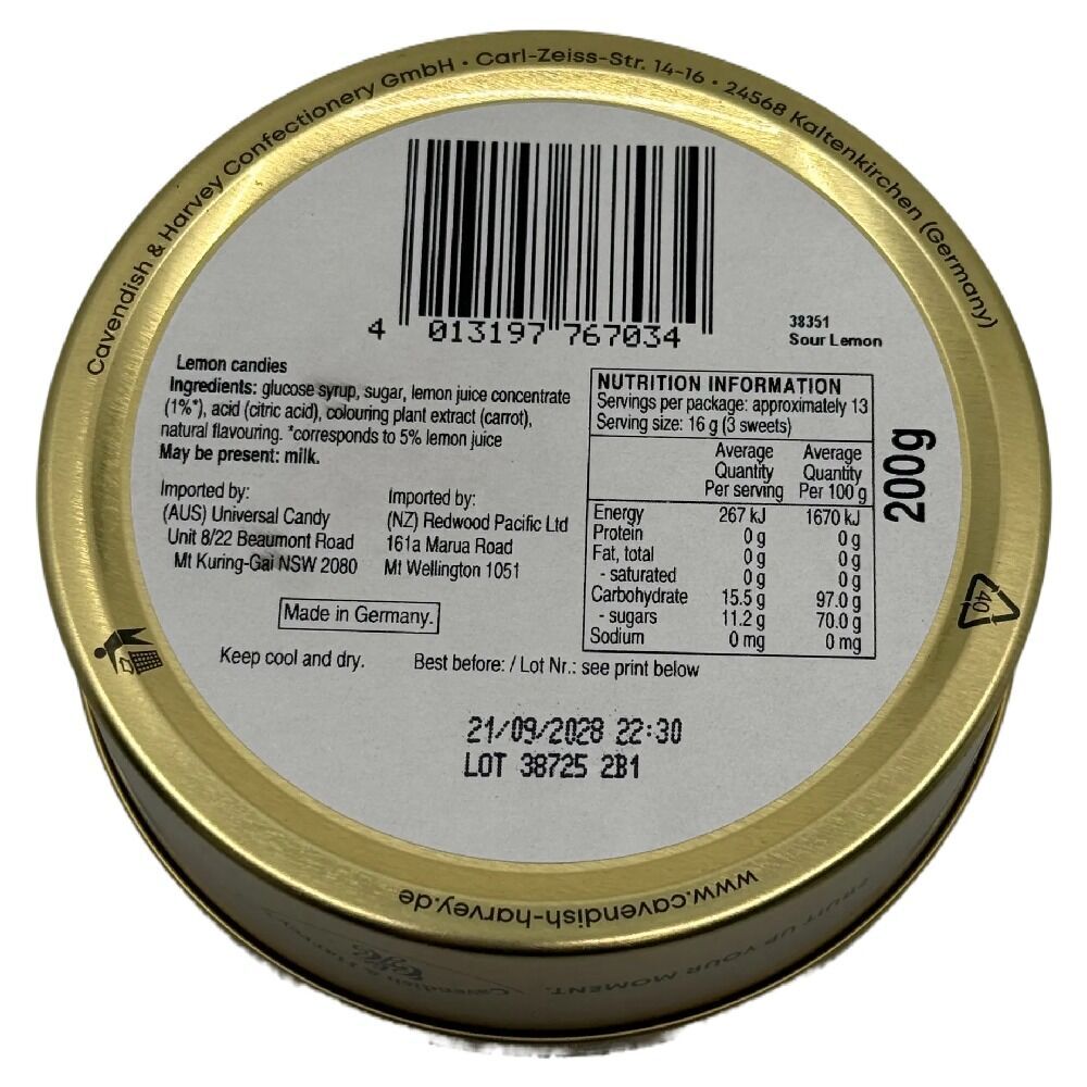 Cavendish & Harvey Sour Lemon Drops 200g Tin Sweets Candy Fruit Lollies x 50