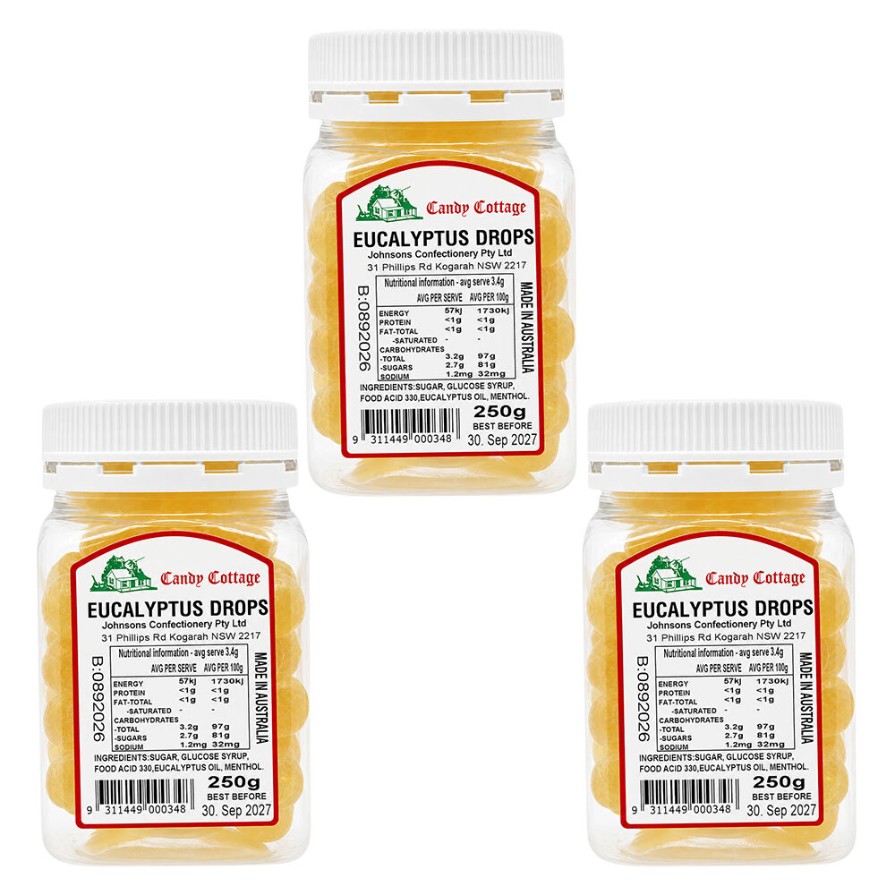 Candy Cottage Eucalyptus Drops 3 x 250g Old Style Lollies Set Australia
