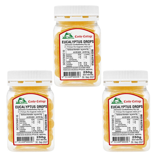 Candy Cottage Eucalyptus Drops 3 x 250g Old Style Lollies Set Australia