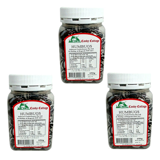 Candy Cottage Humbugs 3 x 250g Peppermint Lollies Set Made in Australia