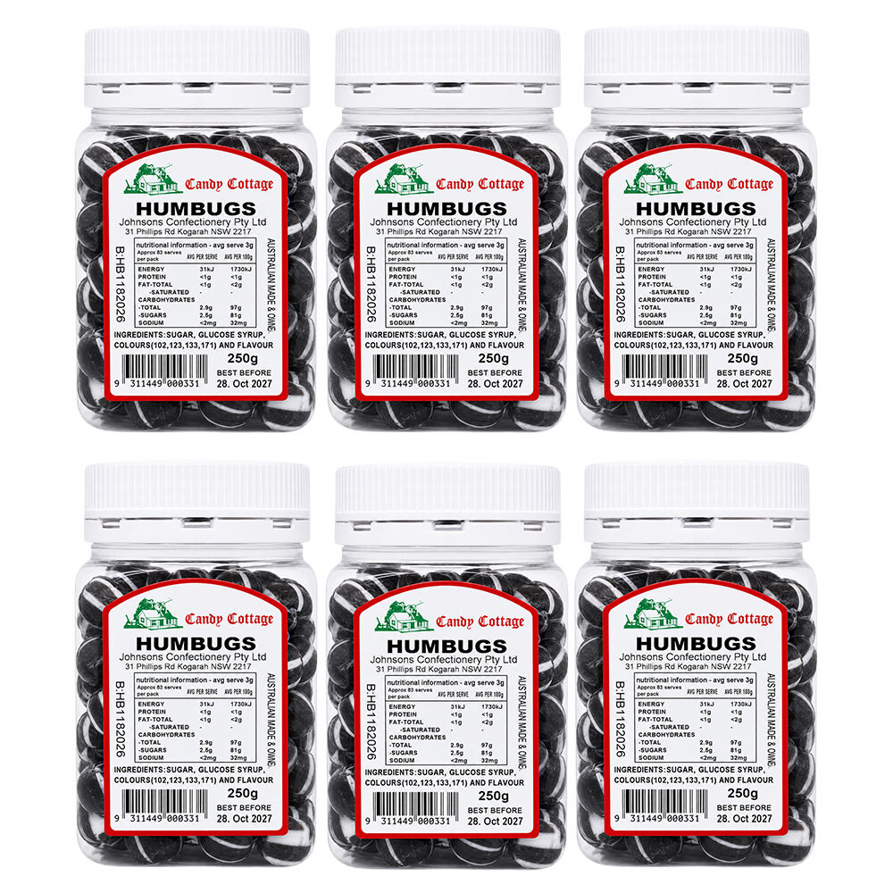 Candy Cottage Humbugs 6 x 250g Peppermint Lollies Set Made in Australia