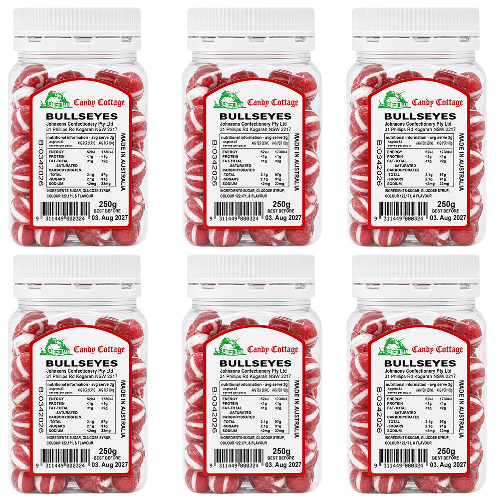 Candy Cottage Bullseyes 6 x 250g Old Style Peppermint Lollies Set