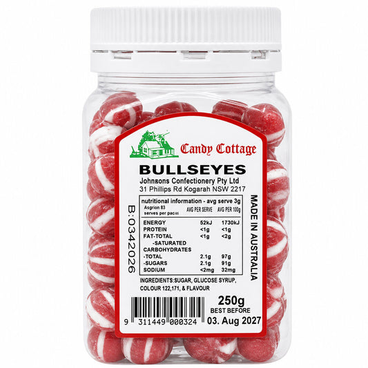 Candy Cottage Bullseyes 250gm Old Fashioned Lollies Sweets