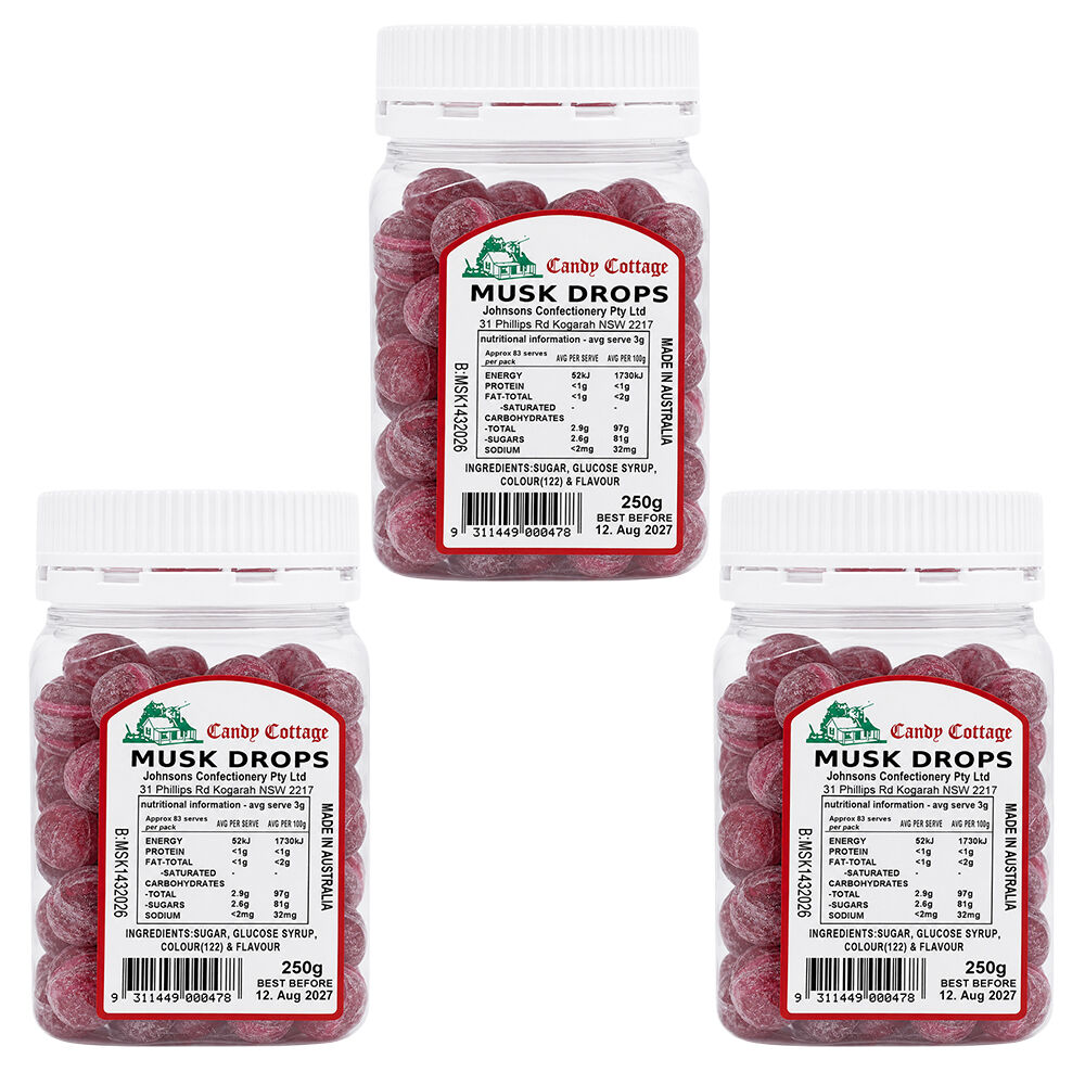 Candy Cottage Musk Drops 3 x 250g Old Style Lollies Set Australian