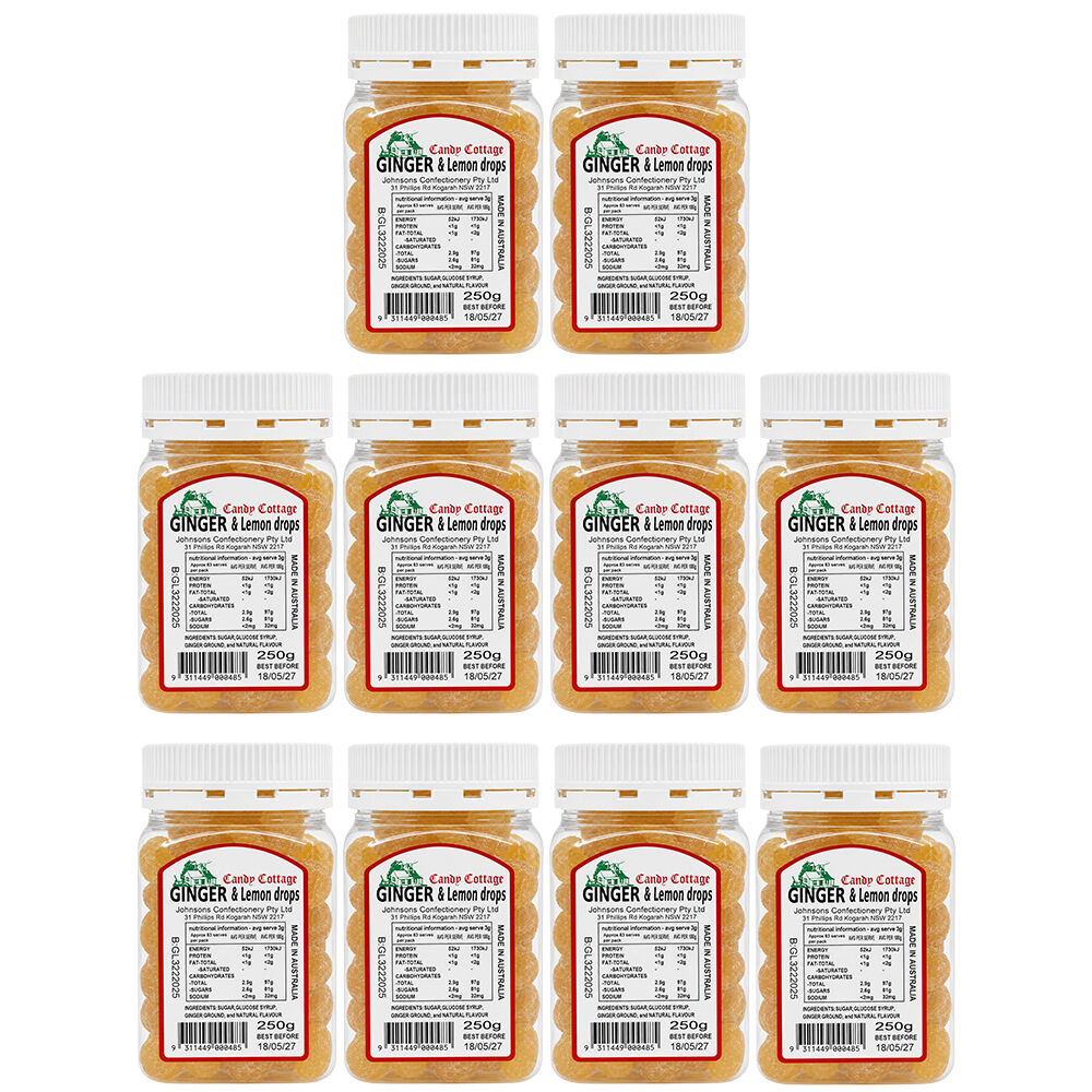 Candy Cottage 10 x Ginger & Lemon 250gm Old Fashioned Lollies Sweets Bulk Pack
