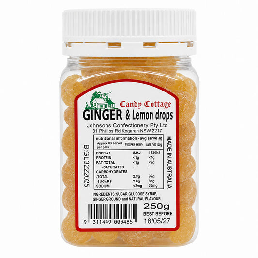 Candy Cottage Ginger & Lemon Drops 250g Australian Made