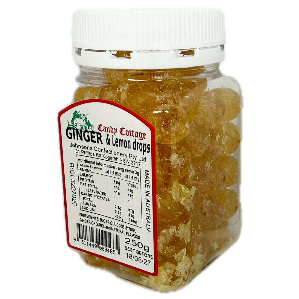 Candy Cottage Ginger & Lemon Drops 250g Australian Made