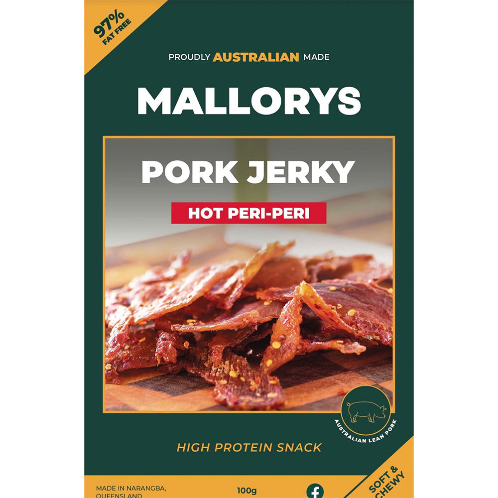 Mallorys Jerky Peri Peri Pork Jerky 100g Zesty Spicy Snack (for Human Consumption)