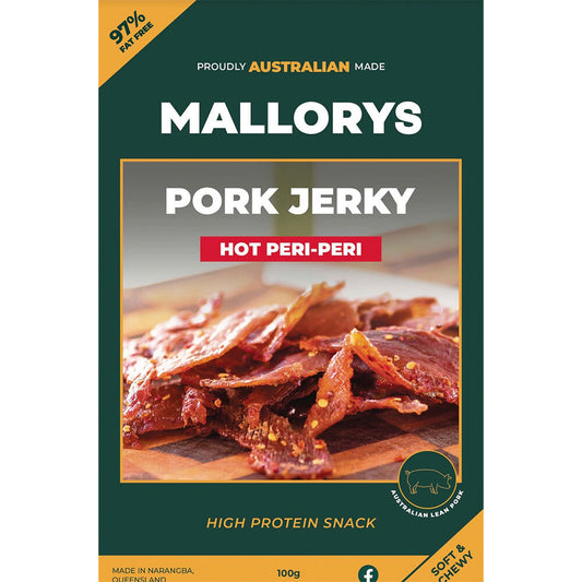Mallorys Jerky Peri Peri Pork Jerky 100g Zesty Spicy Snack (for Human Consumption)
