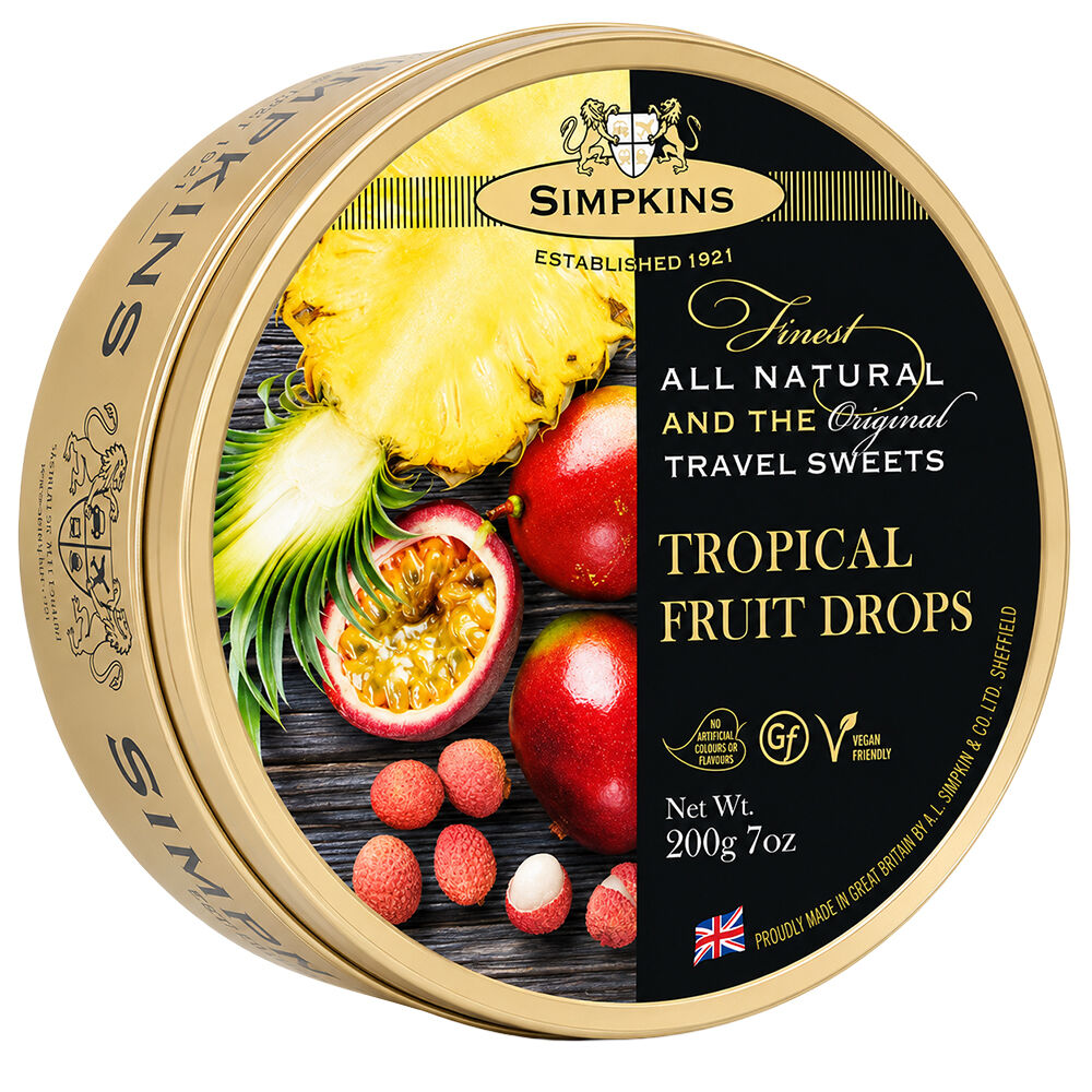 Simpkins Tropical Fruit Drops 200g Tin Sweets Candy Lollies