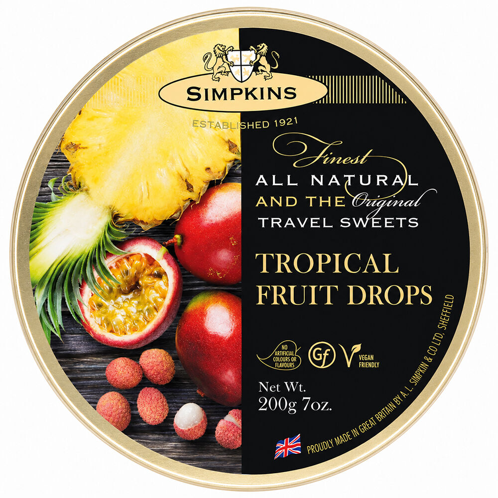 Simpkins Tropical Fruit Drops 200g Tin Sweets Candy Lollies