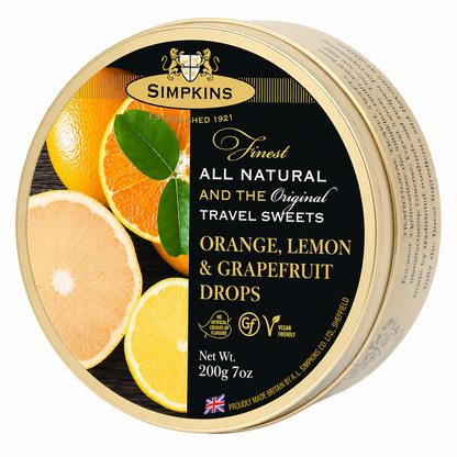 Simpkins Orange Lemon and Grapefruit Drops 200g Tin Sweets Candy Lollies
