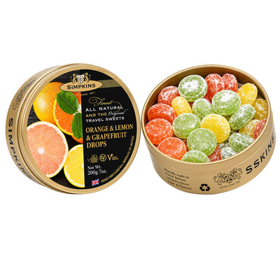 Simpkins Orange Lemon and Grapefruit Drops 200g Tin Sweets Candy Lollies