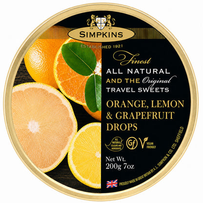 Simpkins Orange Lemon and Grapefruit Drops 200g Tin Sweets Candy Lollies