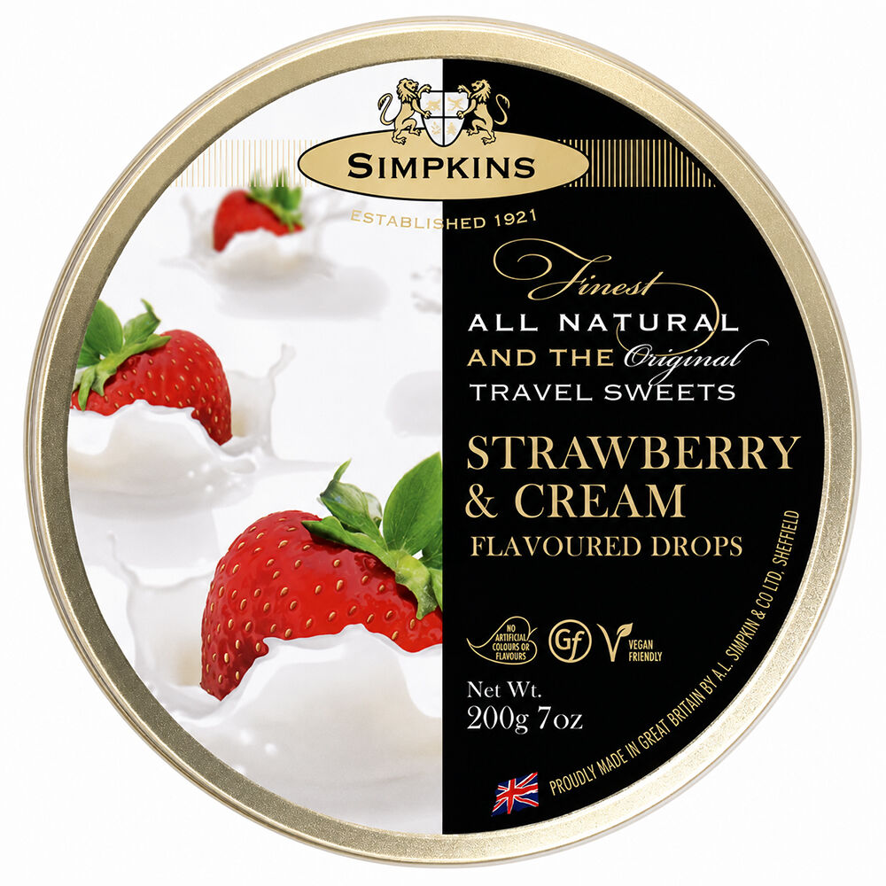 Simpkins Strawberries and Cream Drops 200g Tin Sweets Candy Lollies