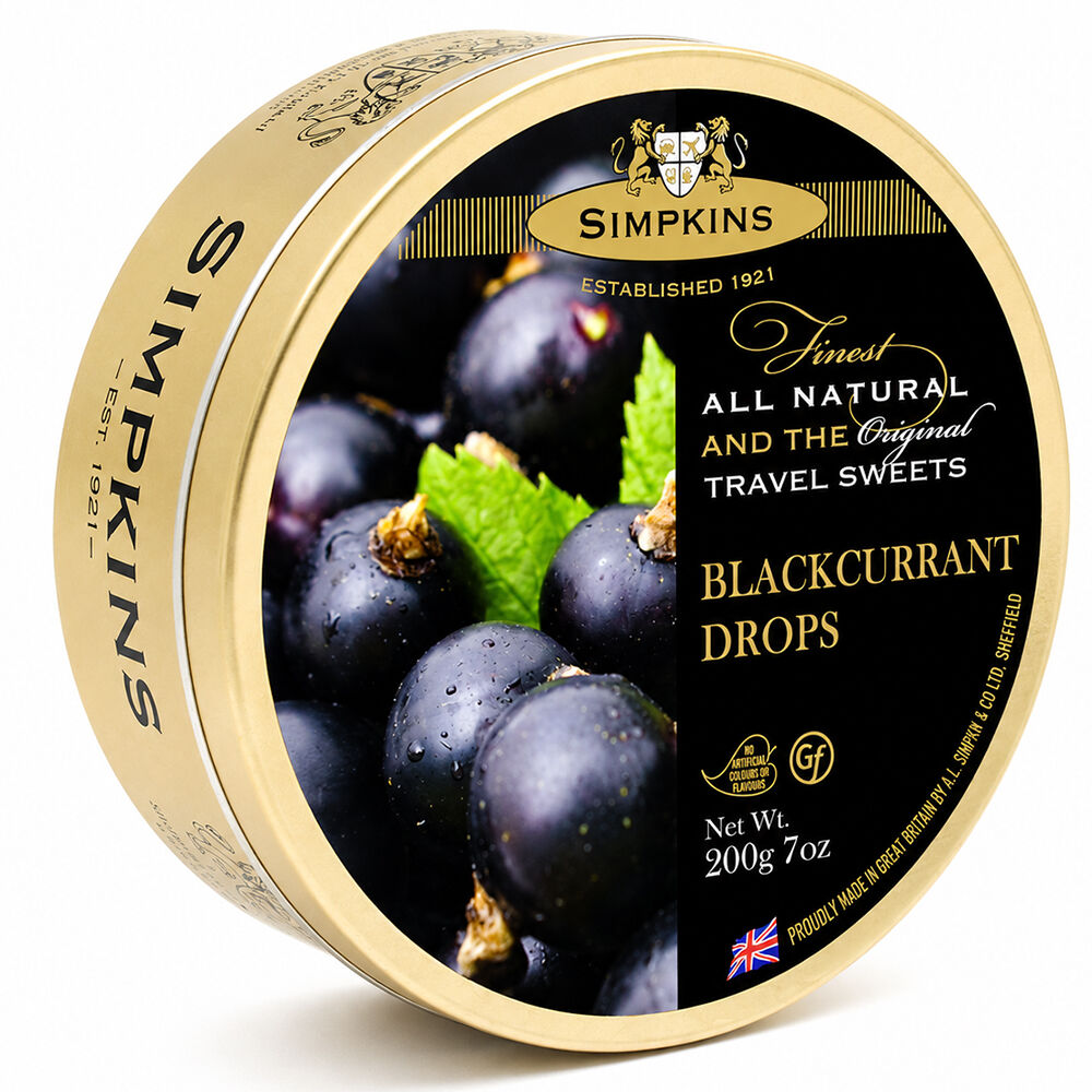 Simpkins Black Currant Drops 200g Tin Sweets Candy Lollies