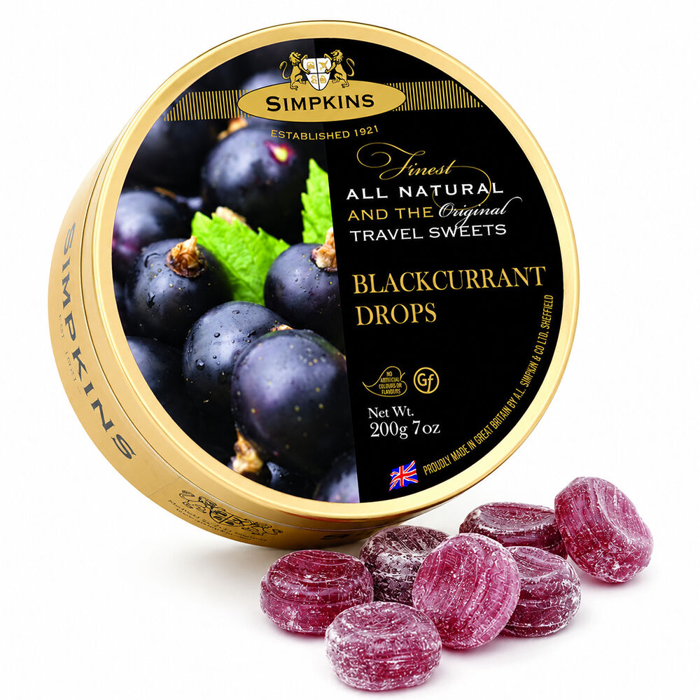 Simpkins Black Currant Drops 200g Tin Sweets Candy Lollies