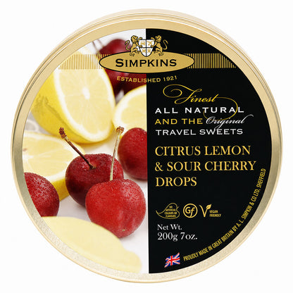 Simpkins Lemon and Sour Cherry Drops 200g Tin Sweets Candy Lollies