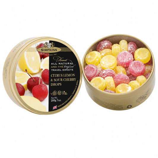 Simpkins Lemon and Sour Cherry Drops 200g Tin Sweets Candy Lollies