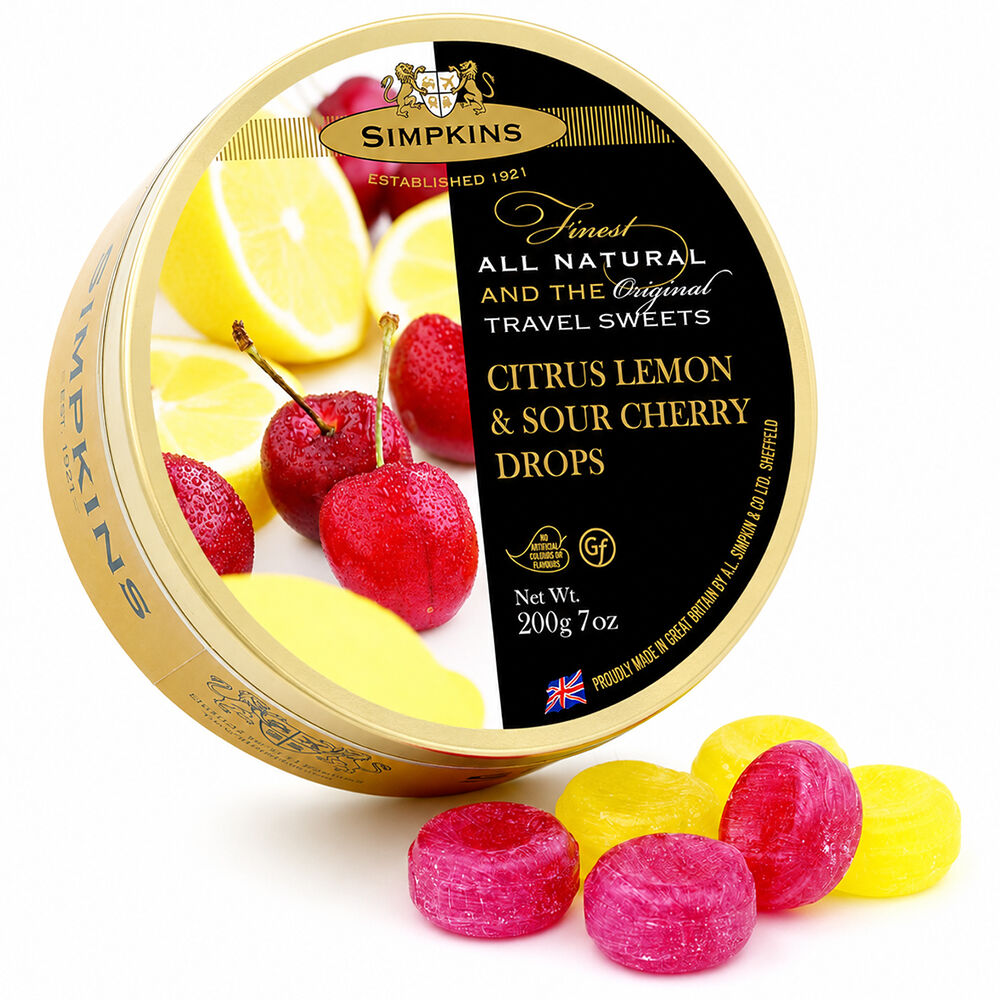 Simpkins Lemon and Sour Cherry Drops 200g Tin Sweets Candy Lollies