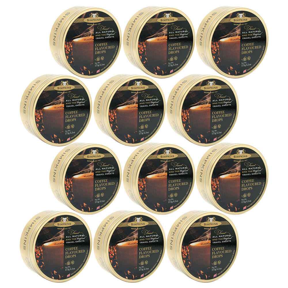 Simpkins Coffee Flavoured Drops 12 x 200g Tins Traditional British Travel Sweets