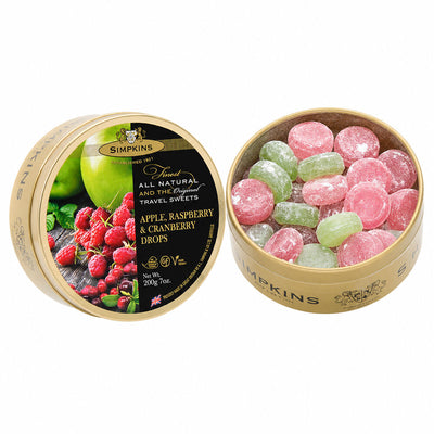 Simpkins Apple Raspberry and Cranberry Drops 200g Tin Sweets Candy Lollies