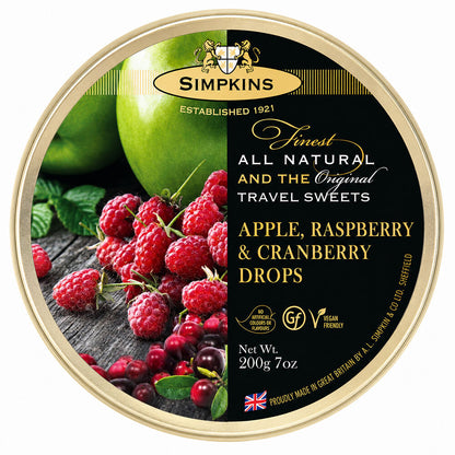 Simpkins Apple Raspberry and Cranberry Drops 200g Tin Sweets Candy Lollies