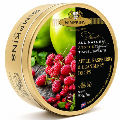 Simpkins Apple Raspberry and Cranberry Drops 200g Tin Sweets Candy Lollies