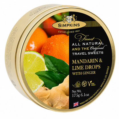 Simpkins Mandarin Lime and Ginger Drops 200g Tin Sweets Candy Lollies