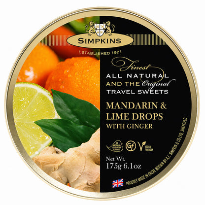 Simpkins Mandarin Lime and Ginger Drops 200g Tin Sweets Candy Lollies