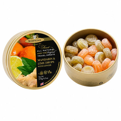 Simpkins Mandarin Lime and Ginger Drops 200g Tin Sweets Candy Lollies