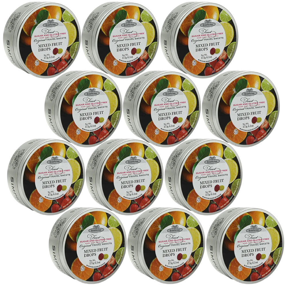 Simpkins Sugar Free Mixed Fruit Drops 12 x 150g Tins No Sugar Travel Sweets