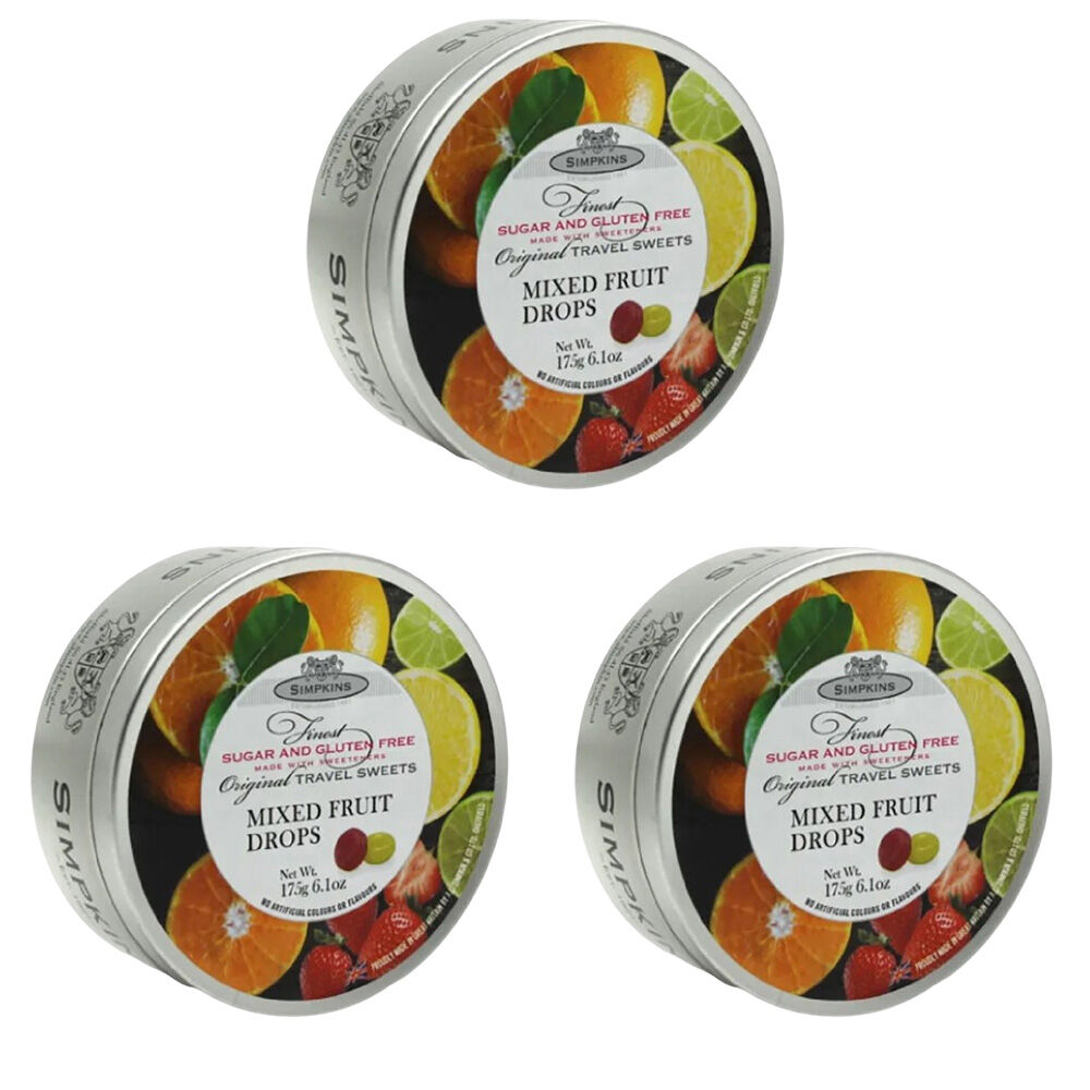 Simpkins 3 x Sugar Free Mixed Fruit Drops 150g Tin Sweets Candy Lollies