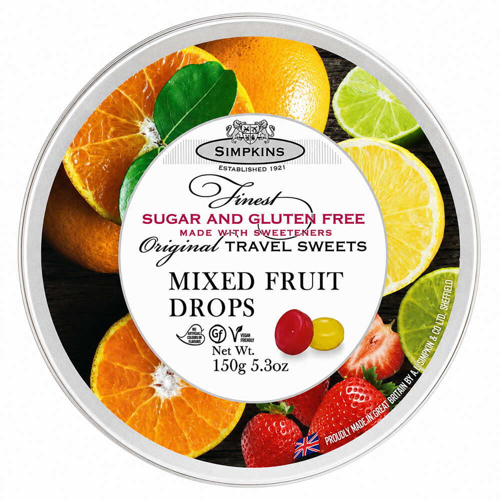 Simpkins Sugar Free Mixed Fruit Drops 150g Tin Sweets Candy Lollies
