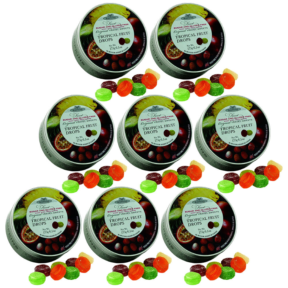 Simpkins Sugar Free Tropical Fruit Drops 8 x 175g Tins Gluten Free Travel Sweets