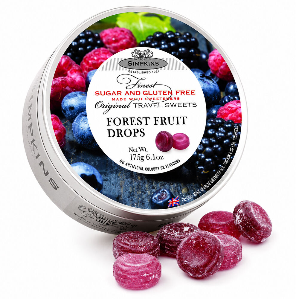 Simpkins Sugar Free Forest Fruit Drops 175g Tin Sweets Candy Lollies