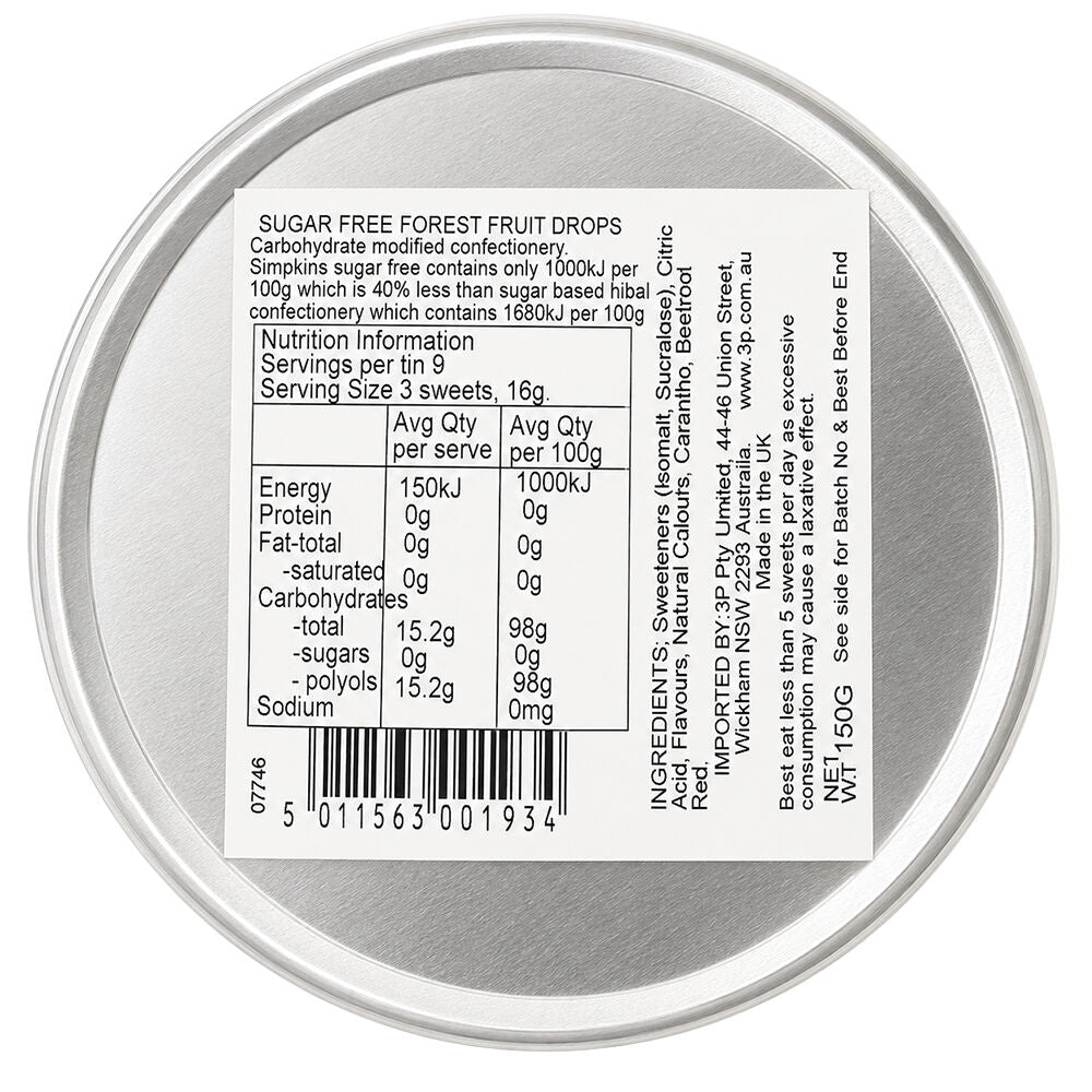 Simpkins Sugar Free Forest Fruit Drops 175g Tin Sweets Candy Lollies