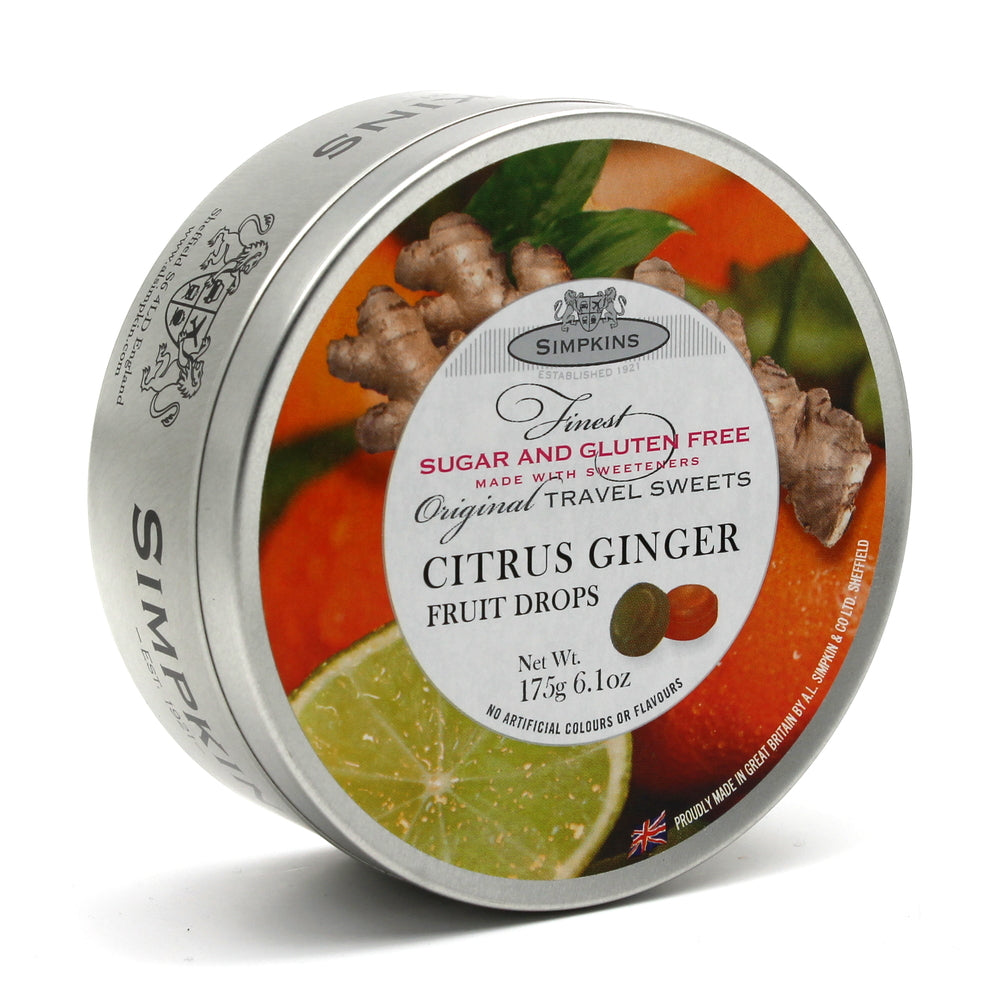 Simpkins Sugar Free Citrus & Ginger Fruit Drops 175g Tin Sweets Candy Lollies