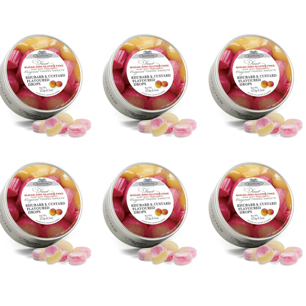 6 x Simpkins Sugar Free Rhubarb & Custard Drops 175g Tin Sweets Candy Lollies