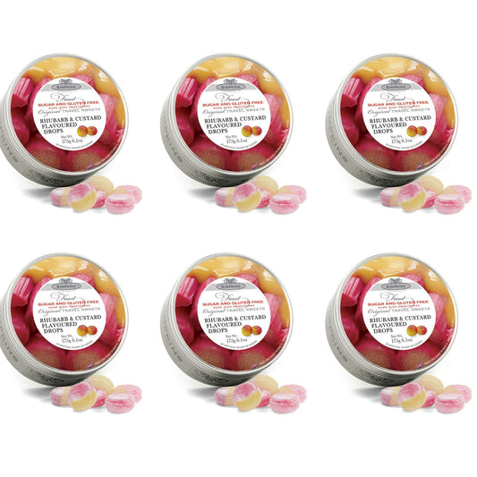 6 x Simpkins Sugar Free Rhubarb & Custard Drops 175g Tin Sweets Candy Lollies