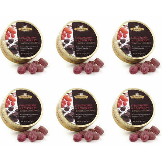 6 x Simpkins Strawberry & Raspberry with Chocolate Centre Drops 175g Tin Sweets Candy Lollies