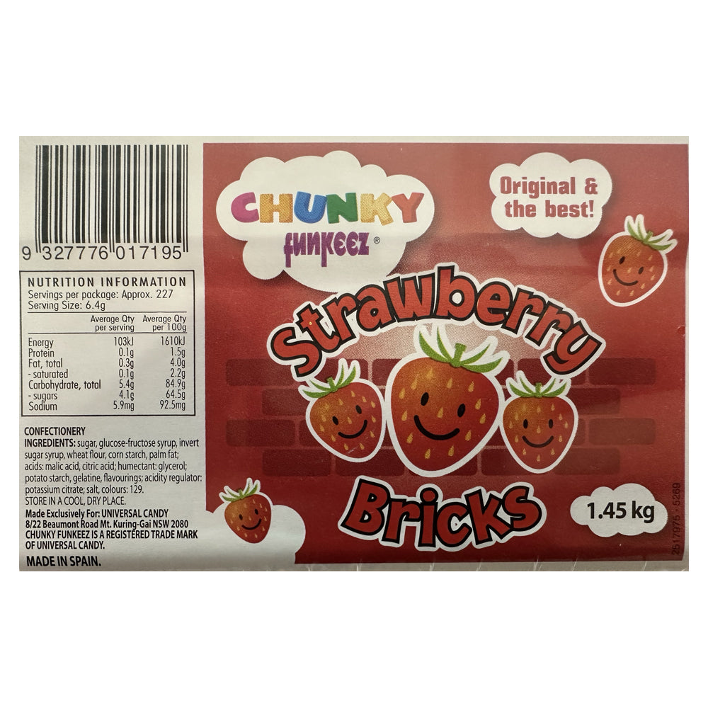 Chunky Funkeez Strawberry Bricks Tub Candy Lollies Sweets Bulk Pack 1.45kg